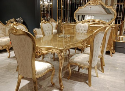 Classic dining table + 6x chairs + sideboard with mirror gold wood dresser new