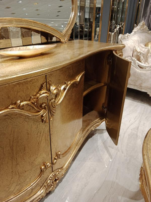 Classic dining table + 6x chairs + sideboard with mirror gold wood dresser new