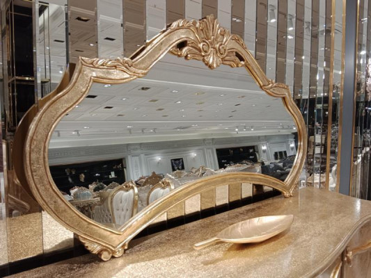 Classic dining table + 6x chairs + sideboard with mirror gold wood dresser new