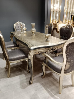 Designer dining room furniture, wooden dining table, gold table, seating for 6 people.
