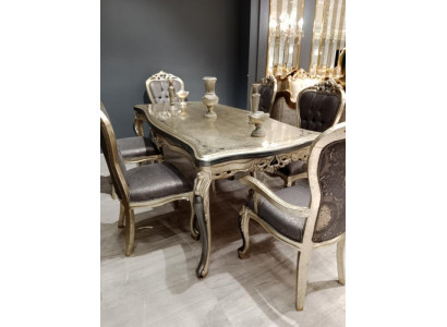 Designer dining room furniture, wooden dining table, gold table, seating for 6 people.