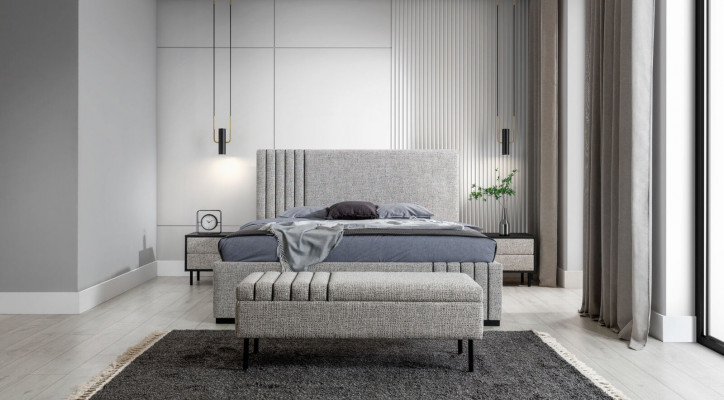 Light gray bedroom furniture designer textile bed 2x nightstands bench