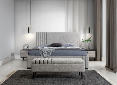 Light gray bedroom furniture designer textile bed 2x nightstands bench