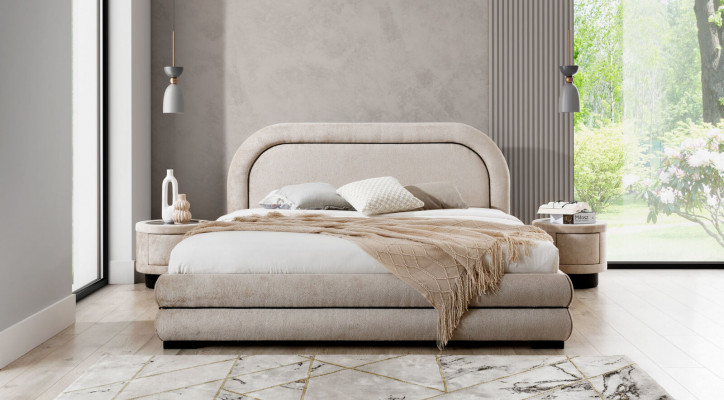Bedroom set designer beige double bed 2x fabric nightstands