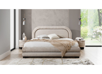 Bedroom set designer beige double bed 2x fabric nightstands