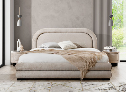 Bedroom set designer beige double bed 2x fabric nightstands