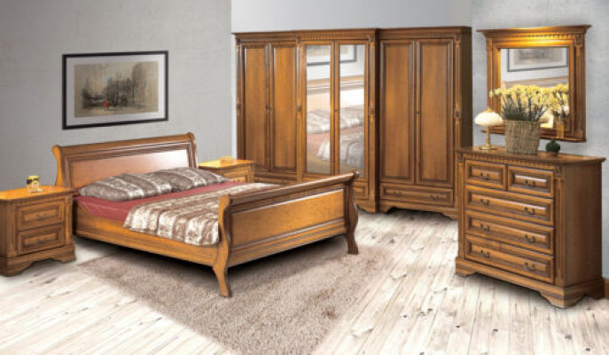 Country-style bed 3-piece set with 2 bedside tables wooden furniture bed set brown
