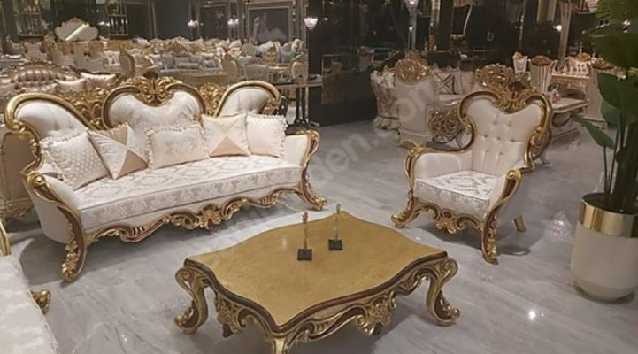 Chesterfield Upholstery Set 3+1 Seat + Coffee Table Wood Baroque Rococo