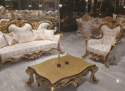 Chesterfield Upholstery Set 3+1 Seat + Coffee Table Wood Baroque Rococo