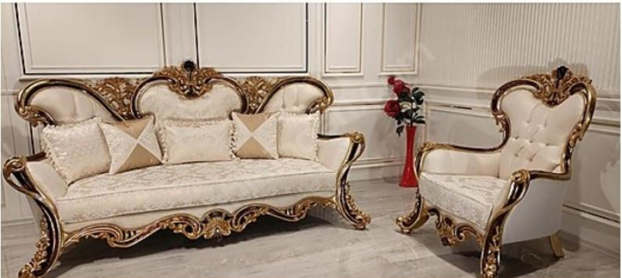 Chesterfield Upholstery Set 3+1 Seat + Coffee Table Wood Baroque Rococo