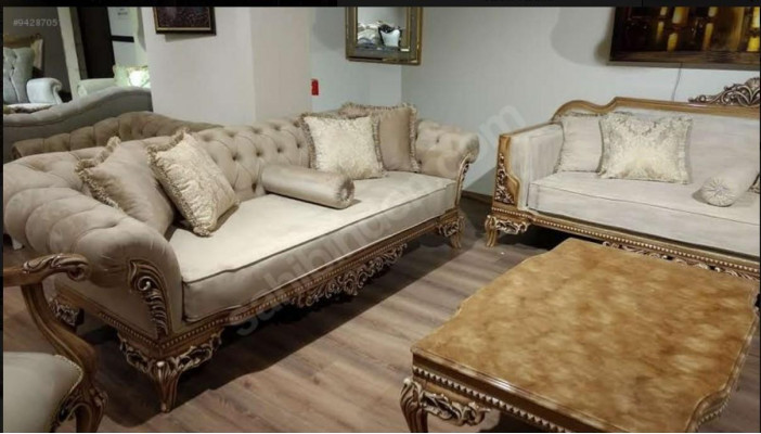 Designer sofa in light fabric cover, 3-seater + coffee table, new model for living room
