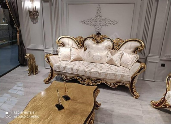 Chesterfield Upholstery Set 3+1 Seat + Coffee Table Wood Baroque Rococo