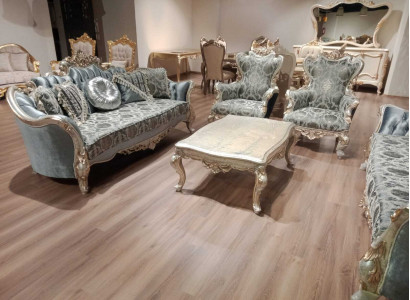 Sofa Couch Furniture Set Suite 3+1+1 Coffee Table Silver Baroque Rococo