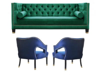 Green Sofa Set 3-Piece Set Couch Furniture Seat Padding Chesterfield Set Velvet