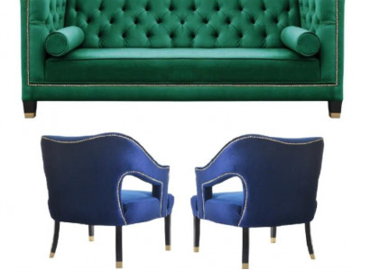 Green Sofa Set 3-Piece Set Couch Furniture Seat Padding Chesterfield Set Velvet