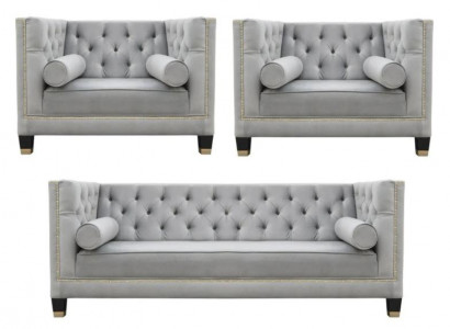 Gray Sofa Set Chesterfield Armchair Luxury Furniture Textile Fabric Living Room New