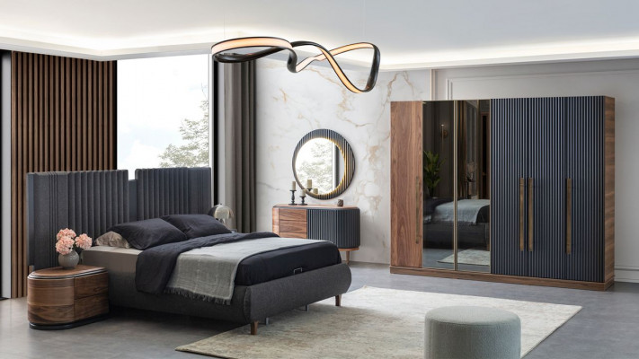 Black-Beige Bedroom Set Designer Double Bed 2x Nightstands