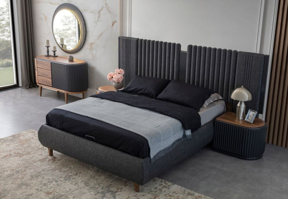 Black-Beige Bedroom Set Designer Double Bed 2x Nightstands