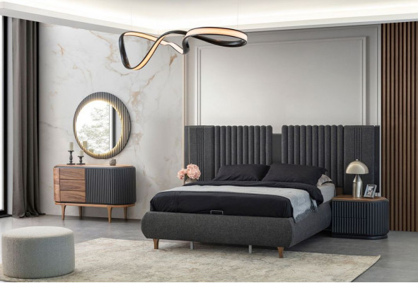 Black-Beige Bedroom Set Designer Double Bed 2x Nightstands