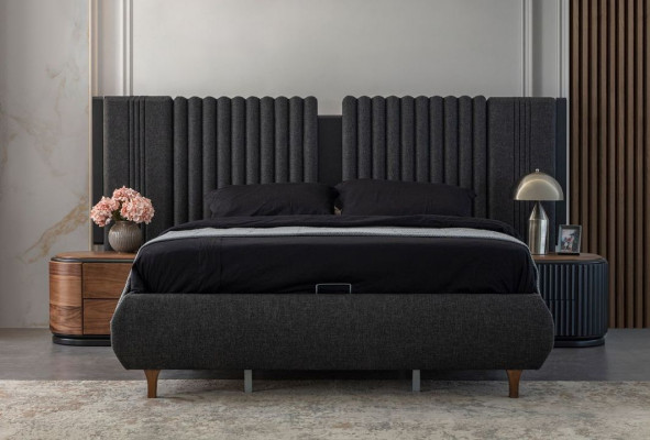 Black-Beige Bedroom Set Designer Double Bed 2x Nightstands