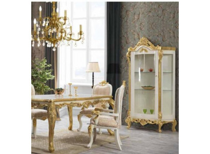 Luxurious dining chair in beige-white tones with golden accents, classically designed