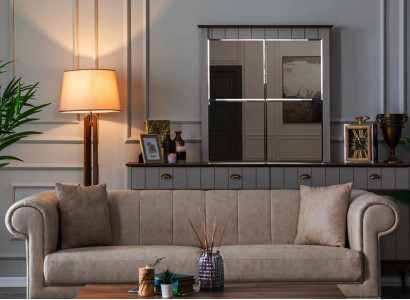 Three-seater beige couch sofa furniture furnishing couches sofas living room