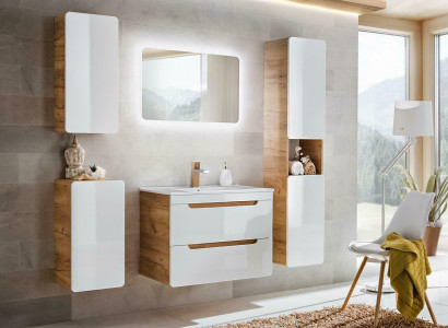 Design bathroom furniture, bathroom set, cabinet, washbasin, decor, lighting.