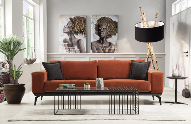 Sofa Orange Couch Three-Seater Fabric Sofa Upholstered Sofa Modern Fabric 3 Seat