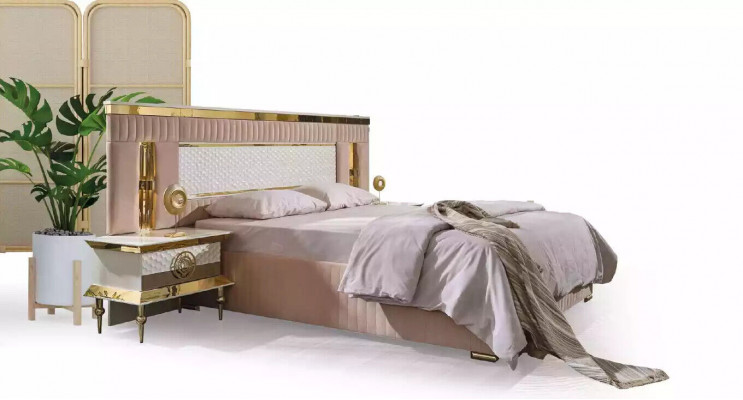 Beige bedroom set double bed 2x nightstands bedside tables 3-piece set