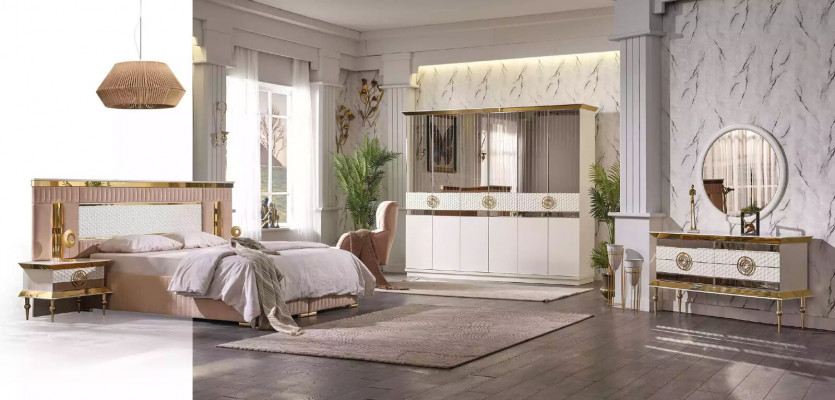 Beige bedroom set double bed 2x nightstands bedside tables 3-piece set