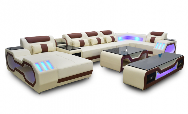 Living room set beige U-shaped sectional sofa, coffee table, TV stand, upholstered, illuminated