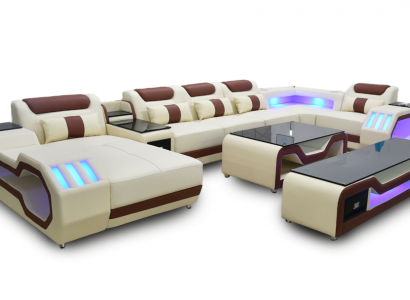 Living room set beige U-shaped sectional sofa, coffee table, TV stand, upholstered, illuminated
