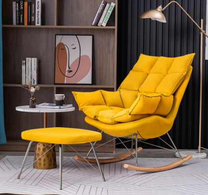 Armchair with Stool Design Luxury Textile Seat Set Living Room Yellow