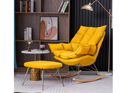 Armchair with Stool Design Luxury Textile Seat Set Living Room Yellow