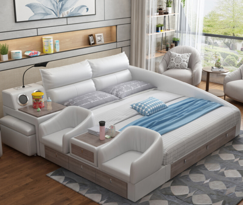 Bed Multifunction Shelf USB Charging Station Double Leather Beds 180x200
