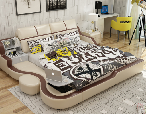 Multifunctional Bed Luxury Design Beige Double Beds with Shelf 180x200cm