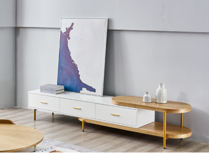 RTV lowboard drawers shelves dresser table living room wood design