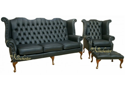 Black Chesterfield Leather Sofa Set Upholstery 3+1 Seater Wingback Chair