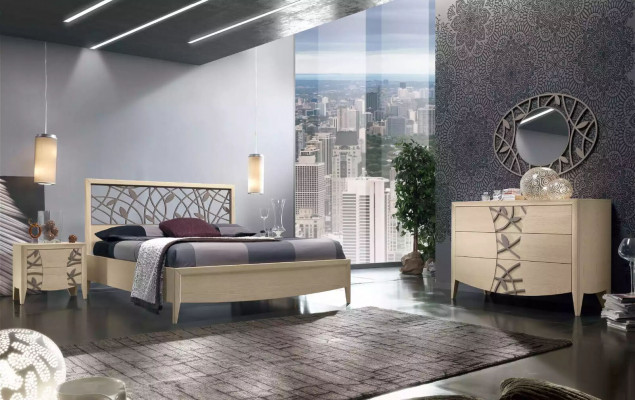 Bed 2x Nightstand Bedroom Design 3 pcs.Complete Set New beige