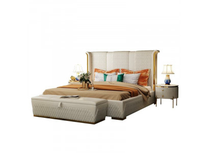 Double Bed Classic Bed Designer Upholstered Beds Frame Textile Leather White