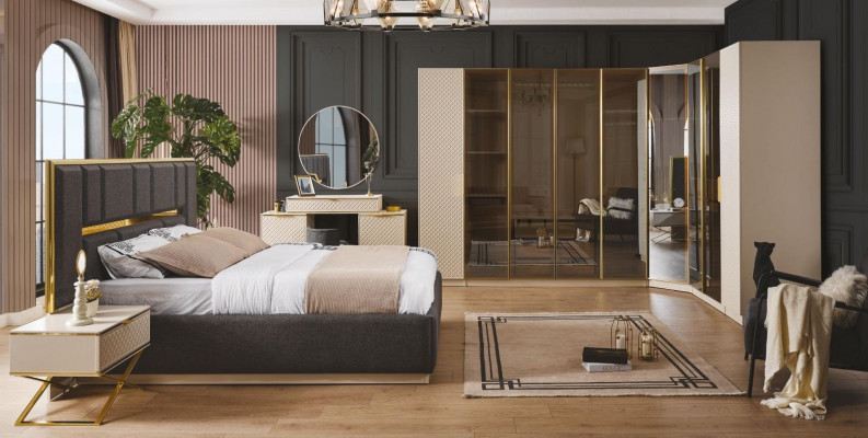 Elegant bedroom set 6-piece luxurious beige furniture wood corner wardrobe nightstand