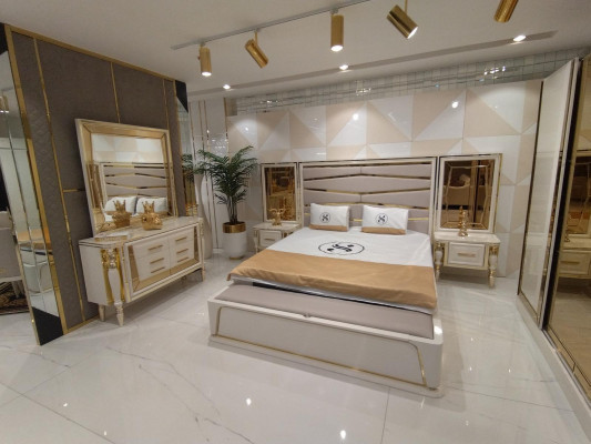 Modern bedroom set bed, 2x nightstands, dresser with mirror, wardrobe, new.