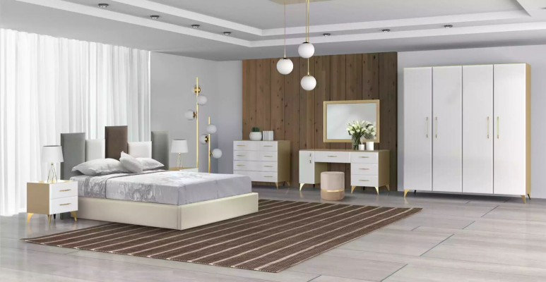 Bedroom set bed 2x bedside table wood white complete modern 3-piece set