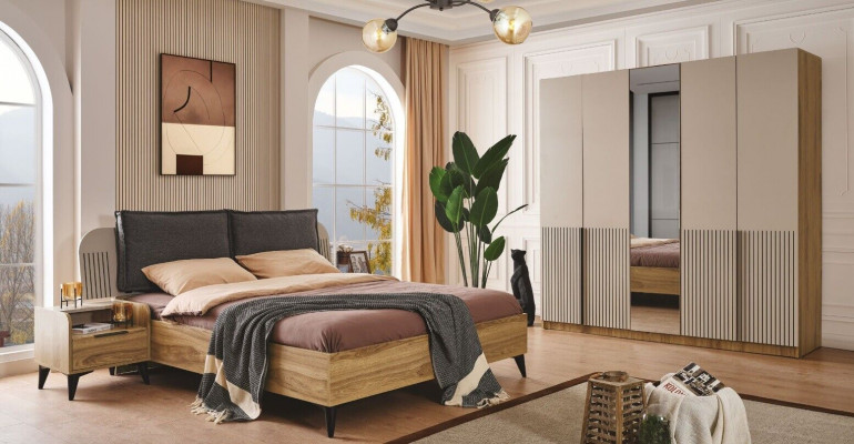 Bedroom set design modern luxury bed 2x nightstands wardrobe 4-piece new