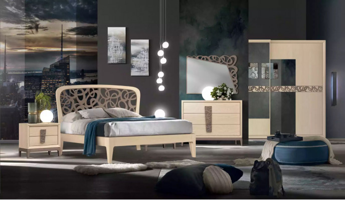 Bedroom set luxury dresser mirror design furniture beige 3-piece wood