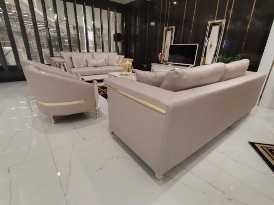 Luxury Sofa Set 3+3+1 Seater Design Furniture Beige Armchair Sofa Textile Wood New