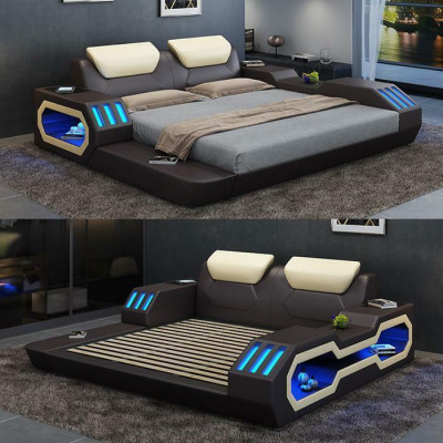 Luxury design bed frame bed leather beds USB luxury double hotel upholstered bed