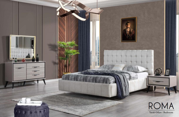 White Exclusive Bedroom with Double Bed, Designer Nightstands, Dresser