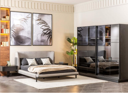 Modern bedroom set designer double bed x2 bedside tables glass cabinet