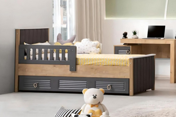 Bed frame for children's bed, children's room, children's room furniture, gray wood.